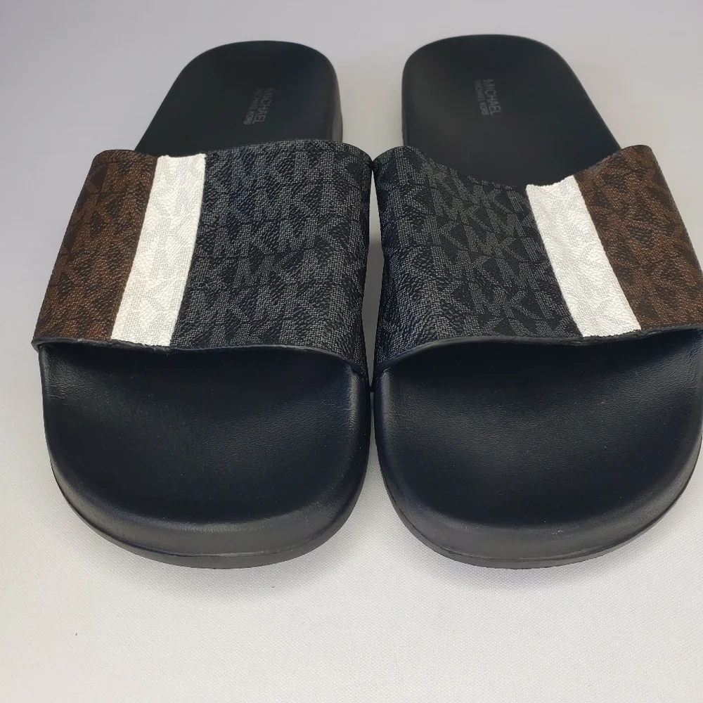 Michael Kors Black Brown Slide Mini Logo Sandals
